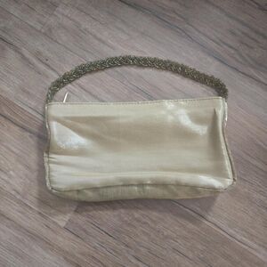 Vintage Jessica McClintock Womens Purse Gold Sateen Formal Clutch Bead Handle